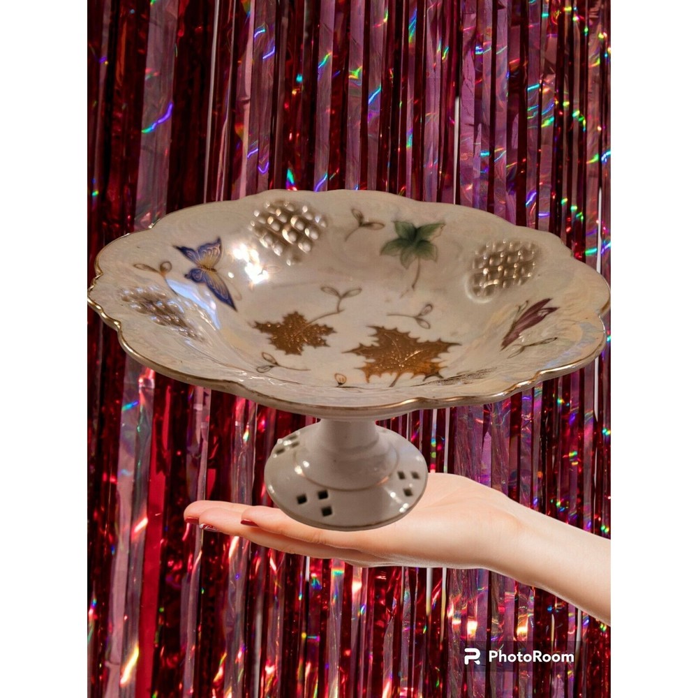 Vintage Lipper And Mann Reticulated Luminescent  Compote Butterflies Floral